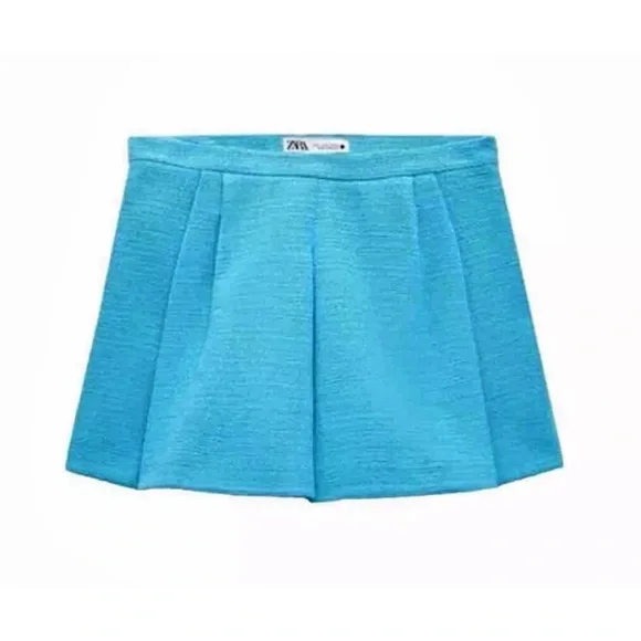 Zara NWT tweed  blue mini pleated skort / skirt with built in hidden shorts - Picture 9 of 12